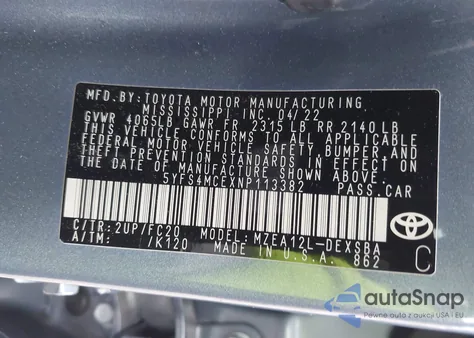 2022 Toyota Corolla Se z USA, uszkodzony, nr VIN 5YFS4MCEXNP113382